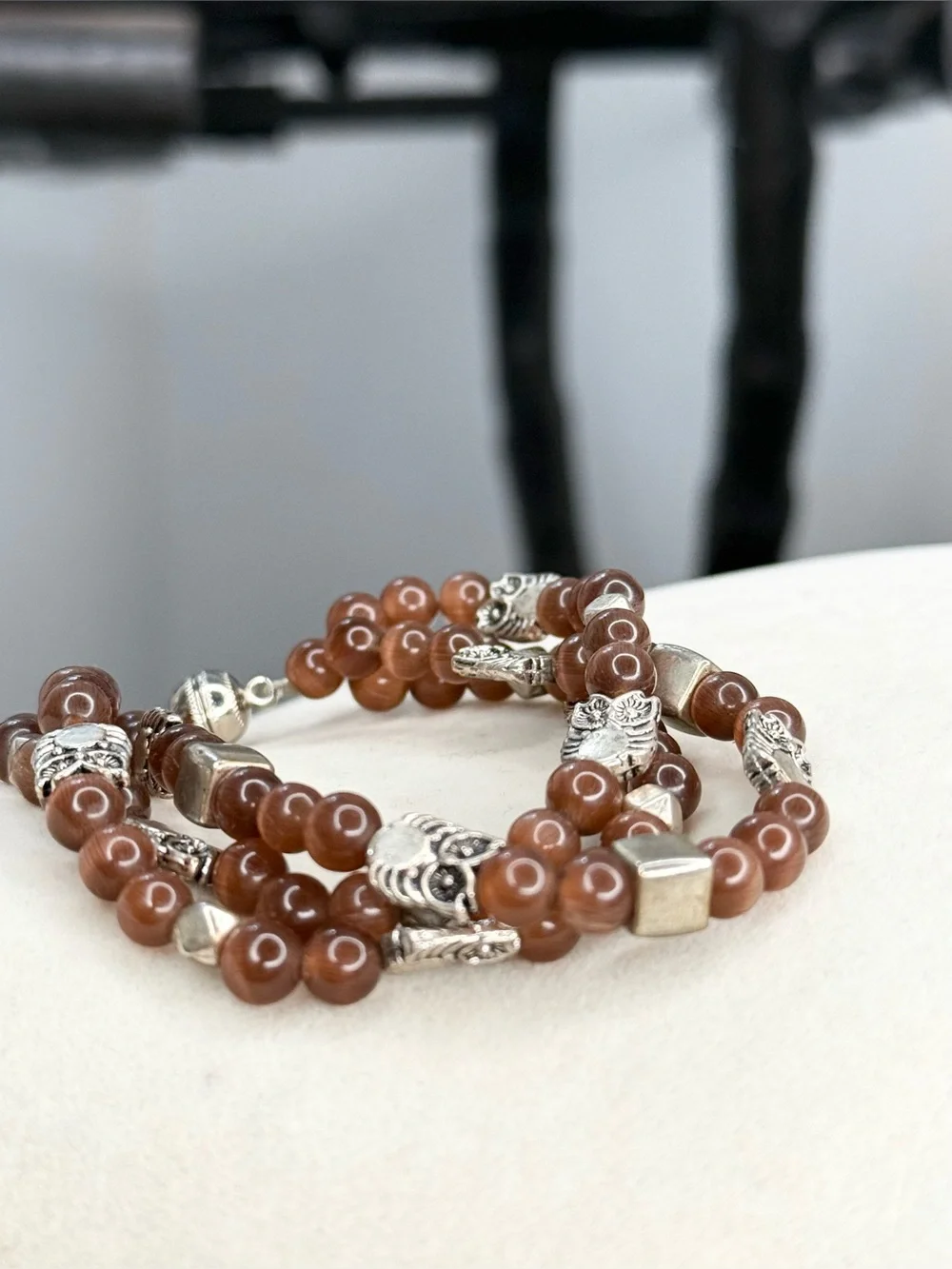 Brown Glass Bead Owl Necklace Silver Tone Multi Strand Magnetic Clasp Boho